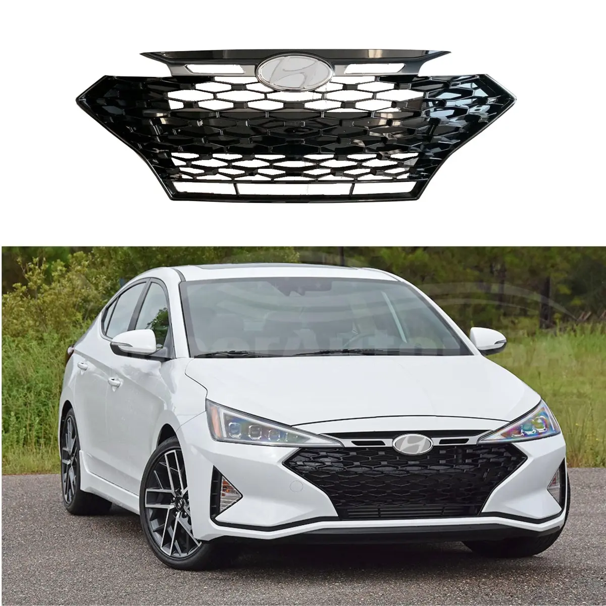 For Hyundai Elantra Sedan Sport 2019-2020 Mesh Style Front Bumper Grill Grille (Gloss Black & Chrome) 1