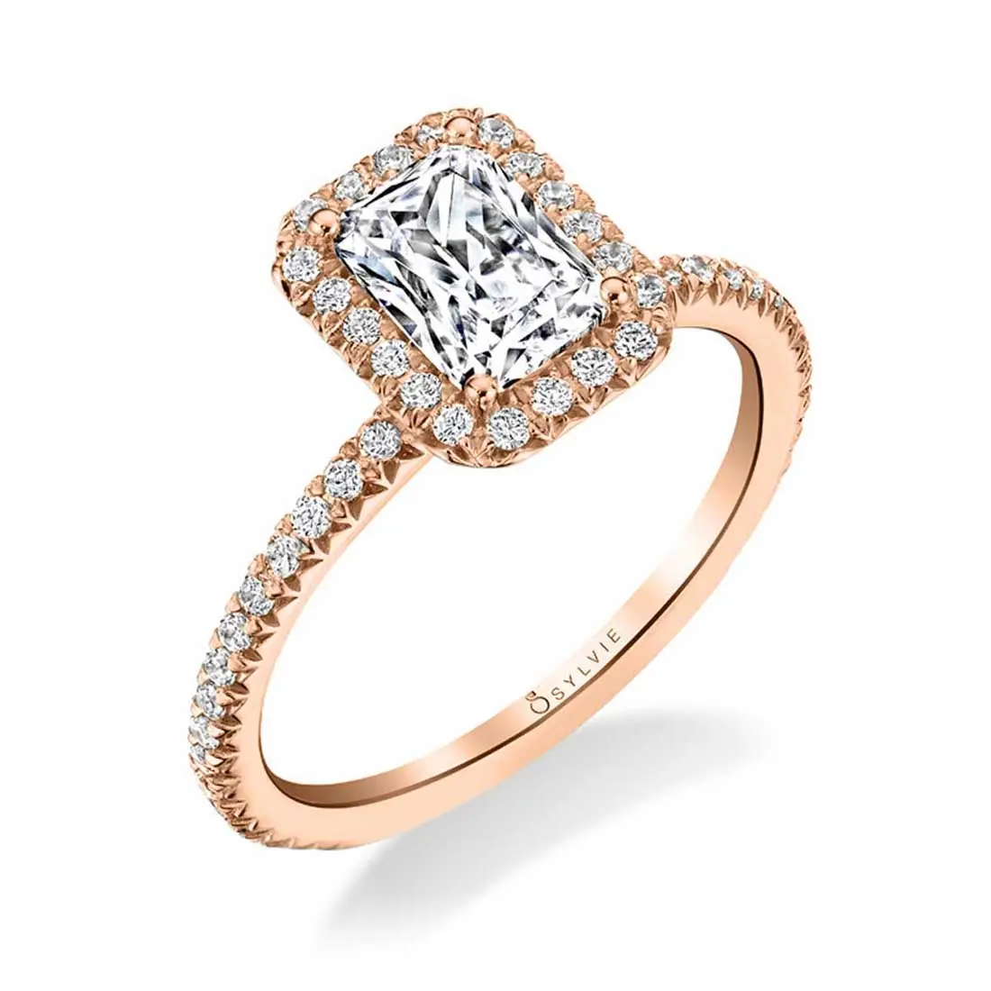 14K Rose Gold Vivian Emerald Cut Diamond Halo Engagement Ring (Center Stone Not Included) 1