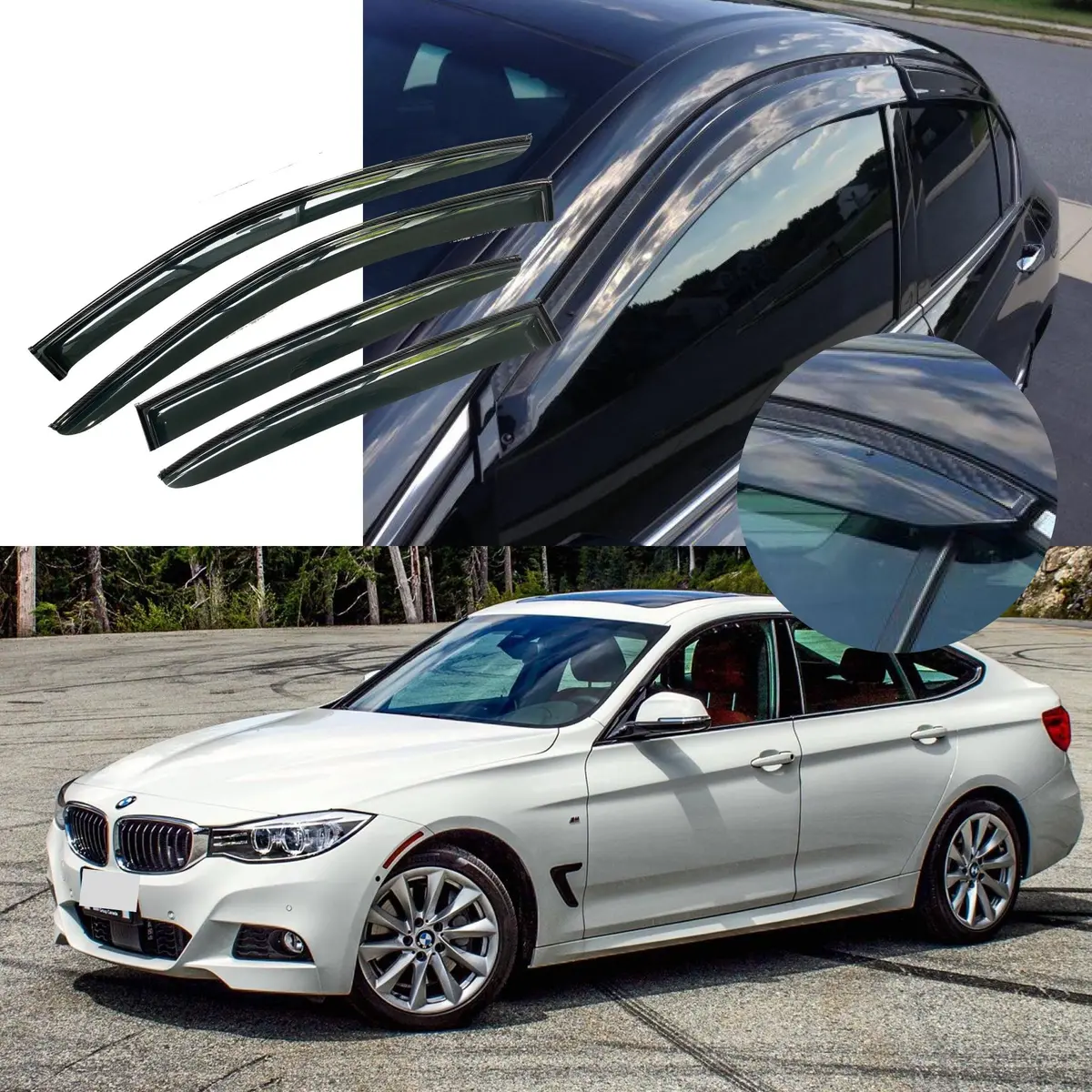 Fit 2012-2018 Bmw 3 Series F30 Clip-On Carbon Fiber Print Trim Vent Window Visors Rain Sun Wind Guards Shade Deflectors 1