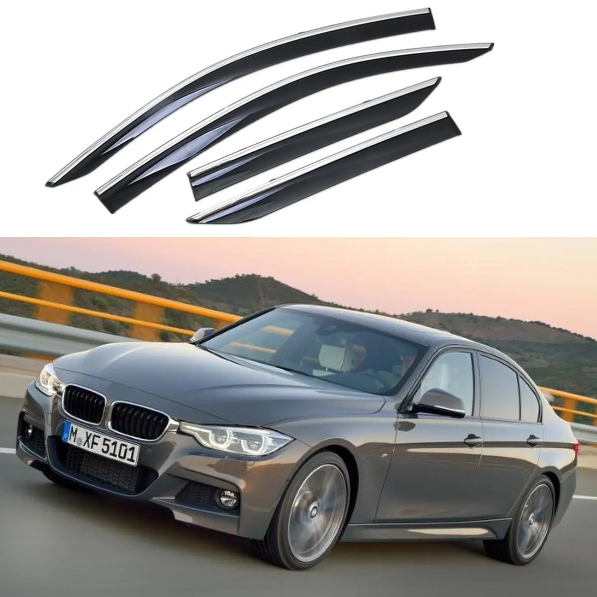 Fit 2012-2018 Bmw F30 3 Series Clip-On Chrome Trim Vent Window Visors Rain Sun Wind Guards Shade Deflectors 1