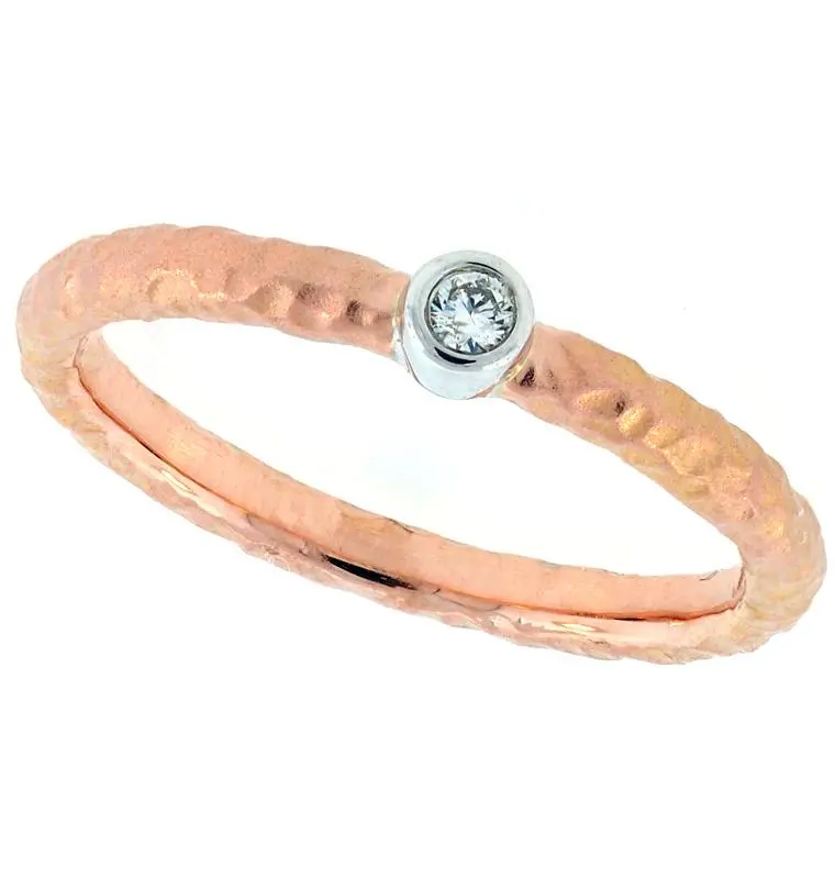 14K Rose And White Gold Hammered Finish Band With Bezel Set Diamond 1