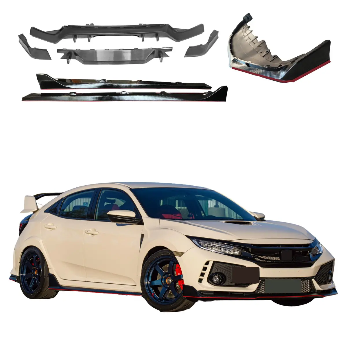 For 17-21 Honda Civic Type R Rear Diffuser Front Bumper Lip Side Skirts Body Kit 1