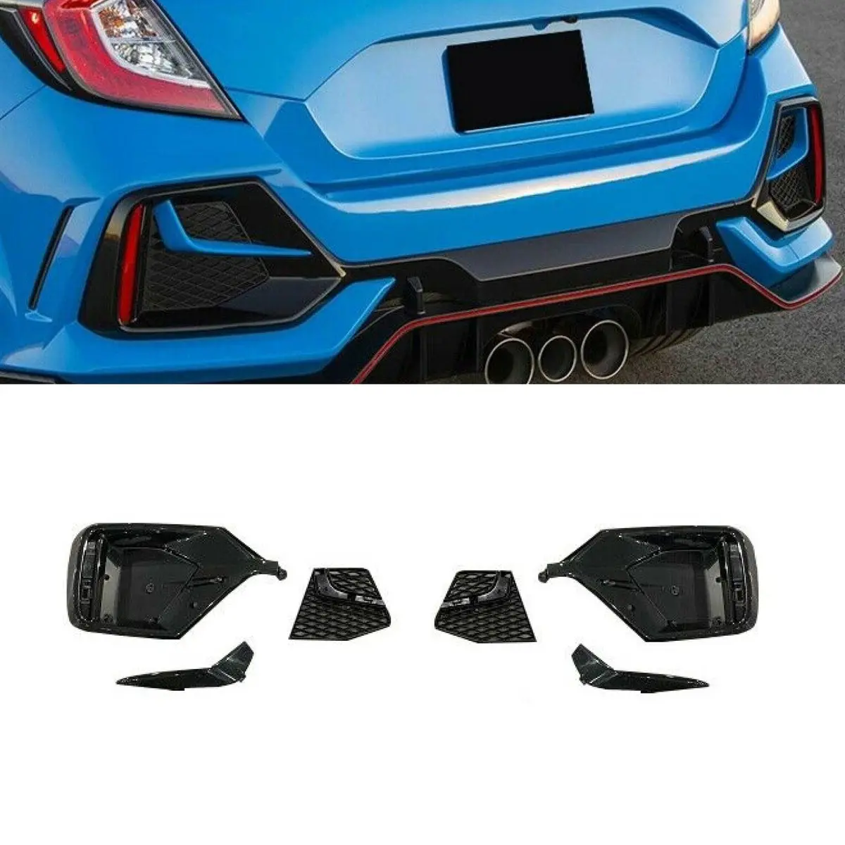 Fits 2017-21 Honda Civic Hatchback Gloss Black W/ Reflectors Rear Bumper Garnish 1