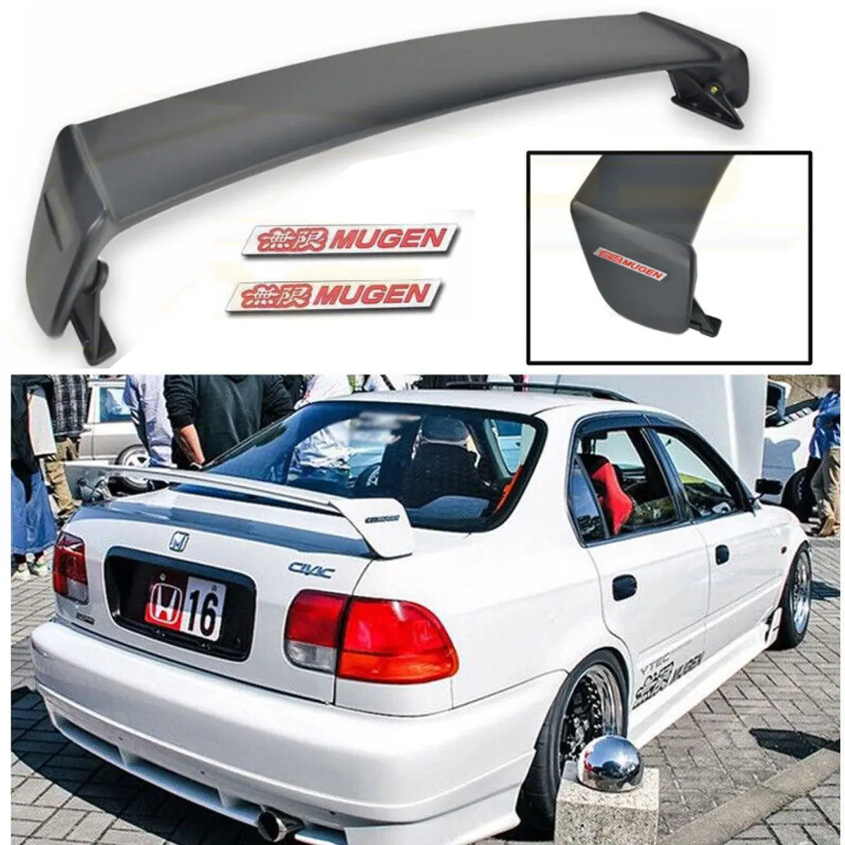 For 1996-2000 Honda Civic Sedan Mugen Style Rear Trunk Wing Spoiler Red Emblem Pair 1