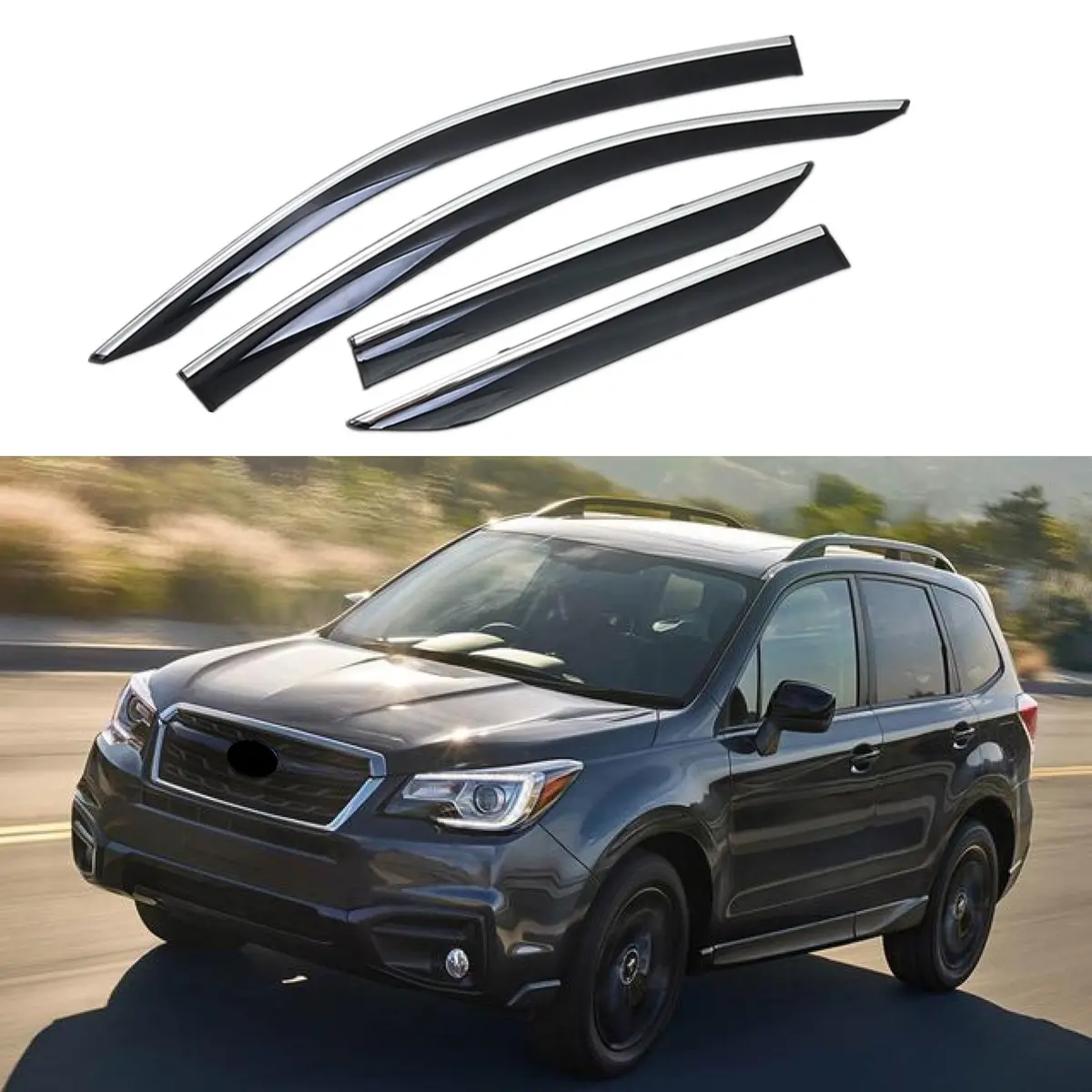 Fit 2014-2018 Subaru Forester Clip-On Chrome Trim Vent Window Visors Rain Sun Wind Guards Shade Deflectors 1