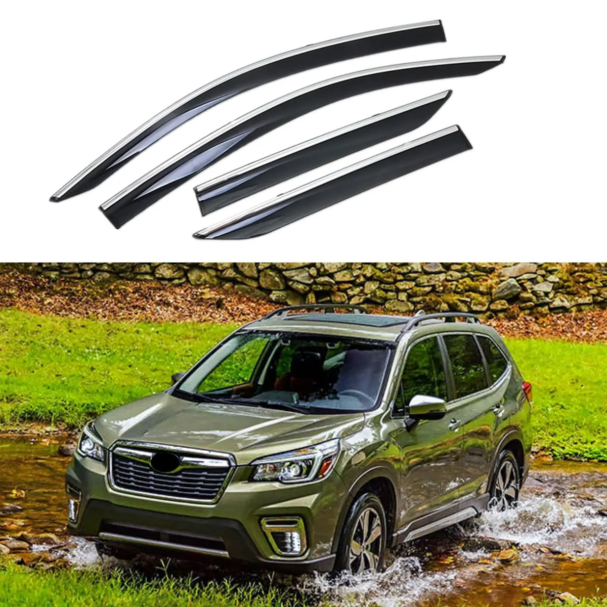 Fit 2019-2024 Subaru Forester Clip-On Chrome Trim Vent Window Visors Rain Sun Wind Guards Shade Deflectors 1