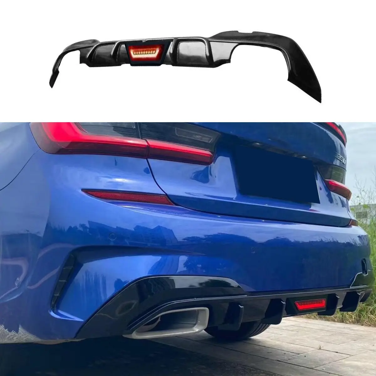 Fits 2019-2022 Bmw 3 Series G20  M-Sport Rear Bumper Lip Diffuser With Led Light (Gloss Black) 1