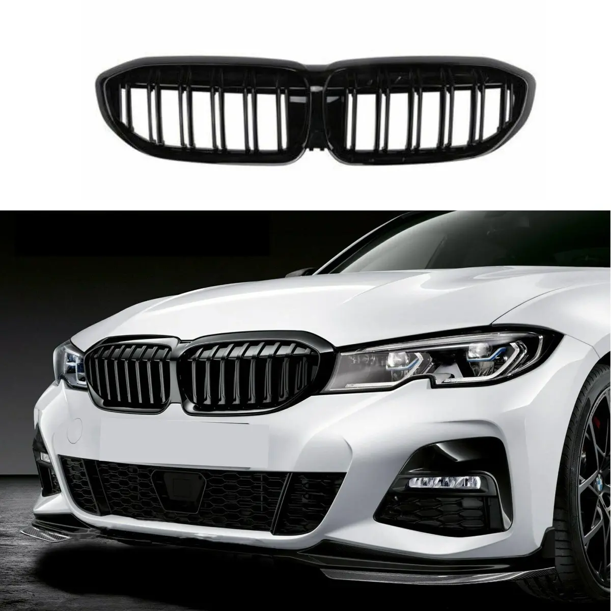 Fits 2019-2022 Bmw 3 Series G20 G21 Double Line Glossy Gloss Black Front Kidney Grill 1