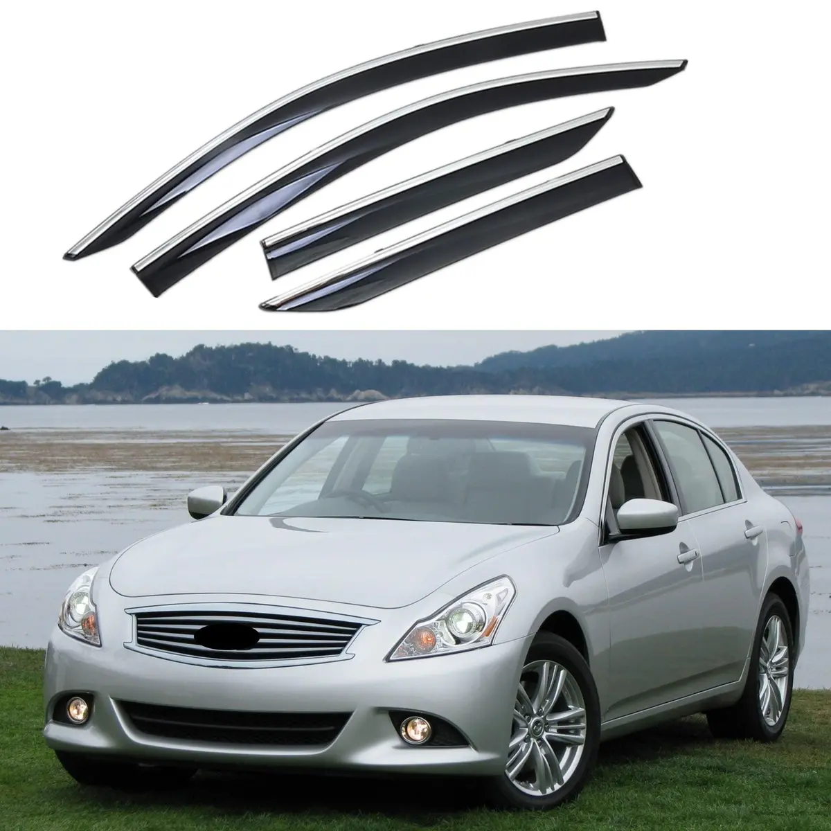 Fit 2007-2015 Infiniti G25 G35 G37 Q40 Clip-On Chrome Trim Vent Window Visors Rain Sun Wind Guards Shade Deflectors 1
