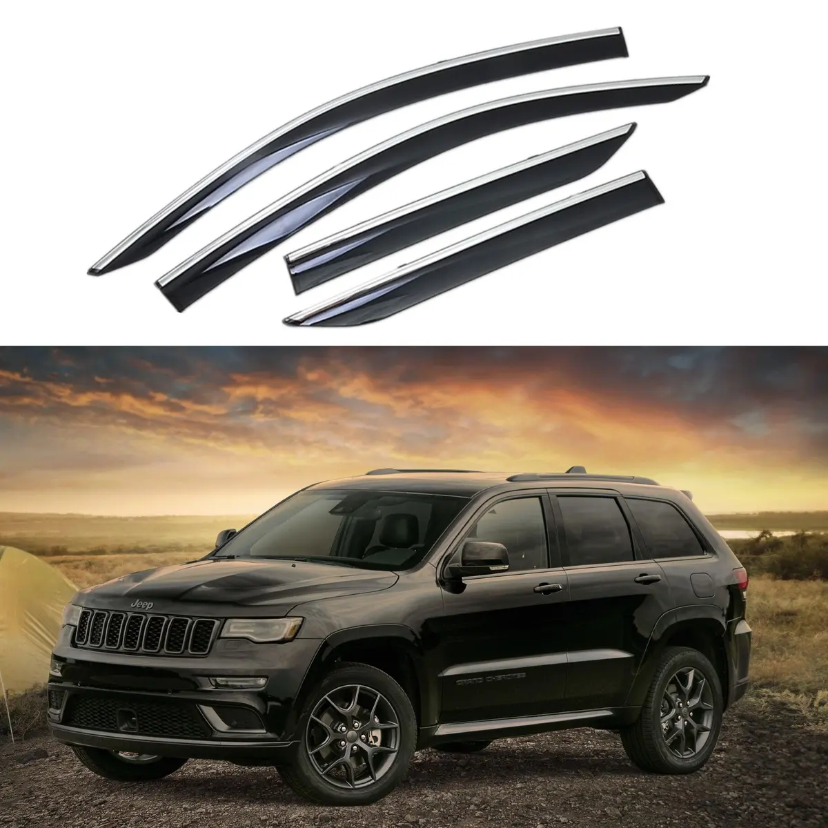 Fit 2011-2020 Jeep Grand Cherokee Clip-On Chrome Trim Vent Window Visors Rain Sun Wind Guards Shade Deflectors 1