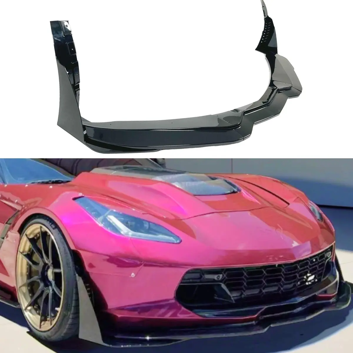 For 2014-2019 Corvette C7 Z06 Stage 3 Front Lip Splitter + Side Winglets Gloss Black 1