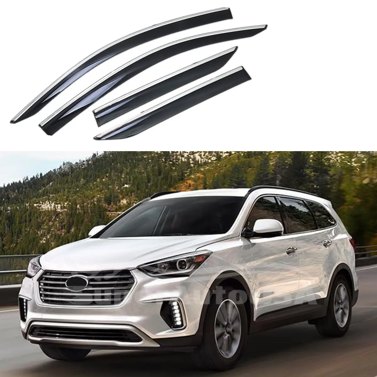 For Hyundai Santa Fe 2013-2019 Xl Clip-On Chrome Trim Vent Window Visors Rain Sun Wind Guards Shade Deflectors 1