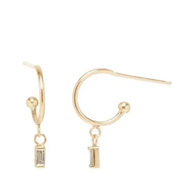 14K Yellow Gold Dangle Baguette Diamond Hoop Earrings 1