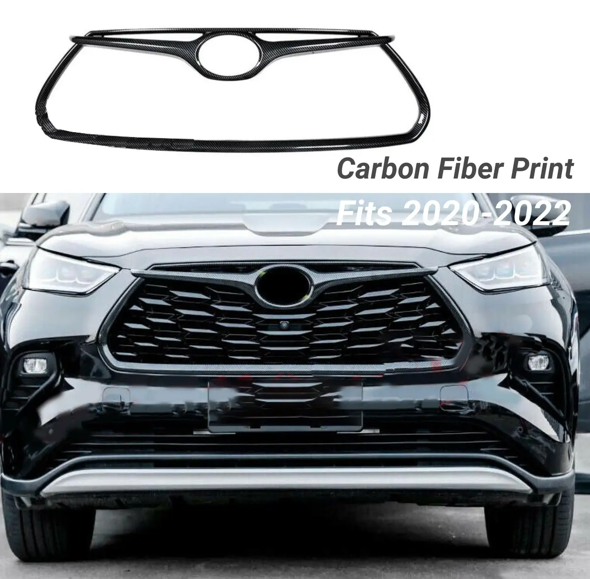 Fits 2020-2023 Toyota Highlander Frame Front Grille Cover Trim (Carbon Fiber Print) 1