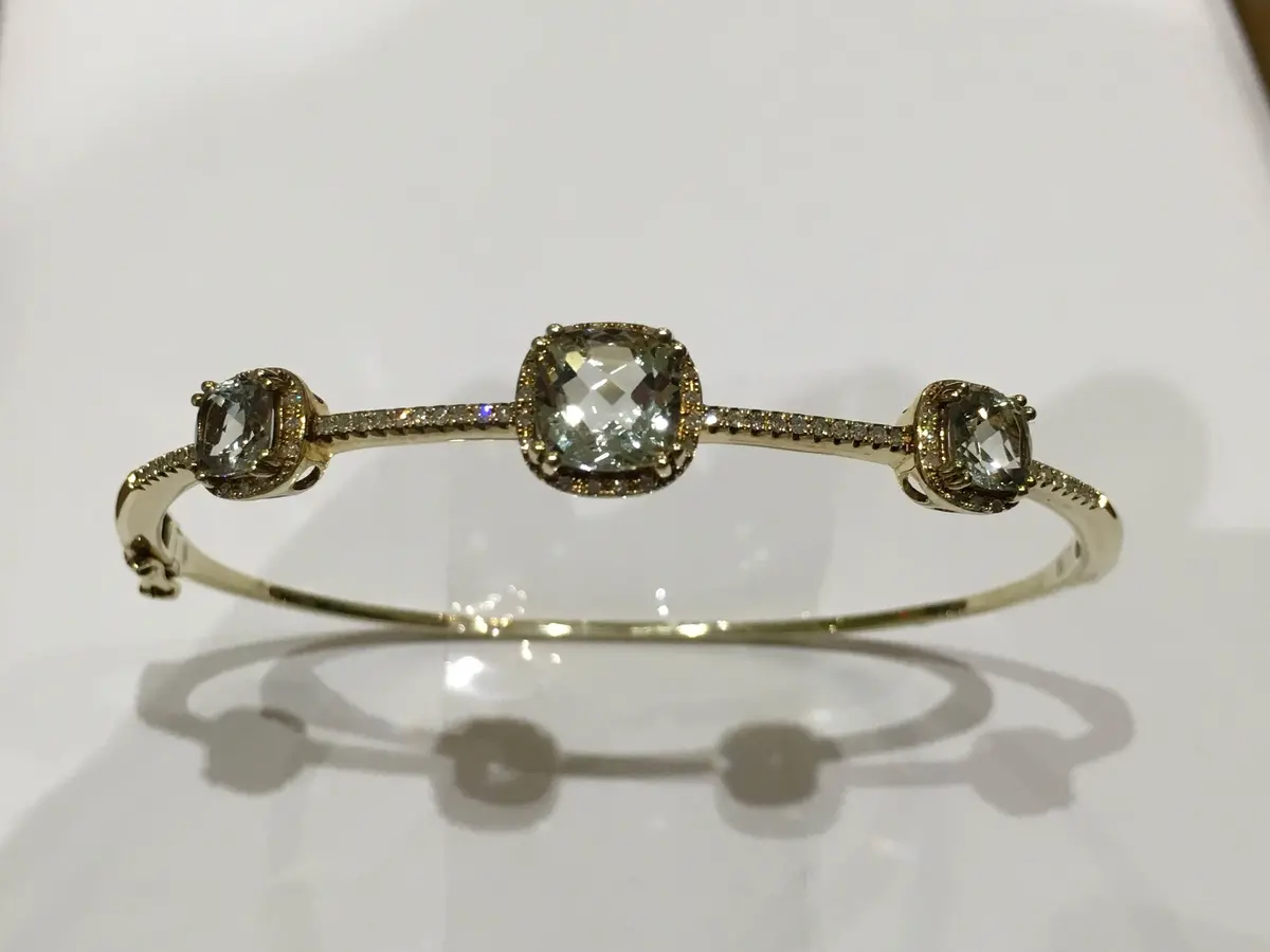 14K Yellow Gold Cushion Green Amethyst And Diamond Bracelet 1
