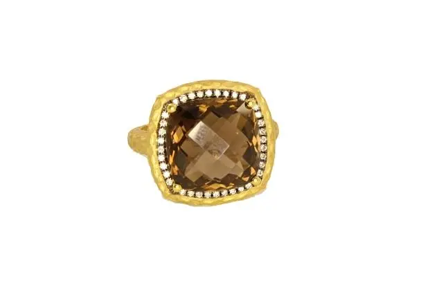 14K Yellow Gold Matte Finished Hammered Cushion Shape Smokey Topaz And  Diamond Ring 1