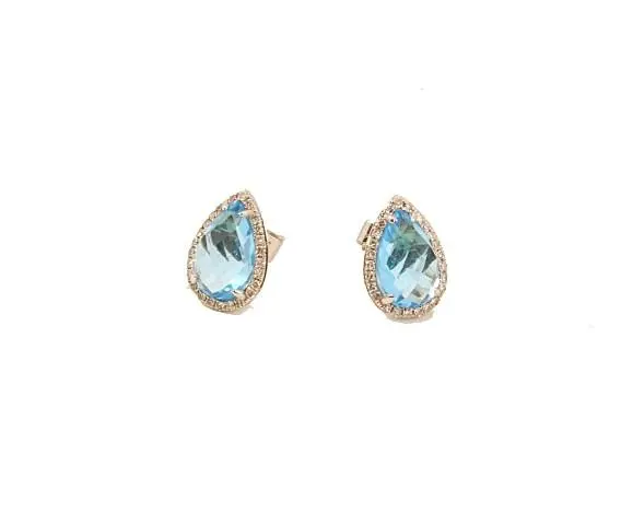 14K White Gold Pear Shape Blue Topaz In Diamond Frame Earrings 1