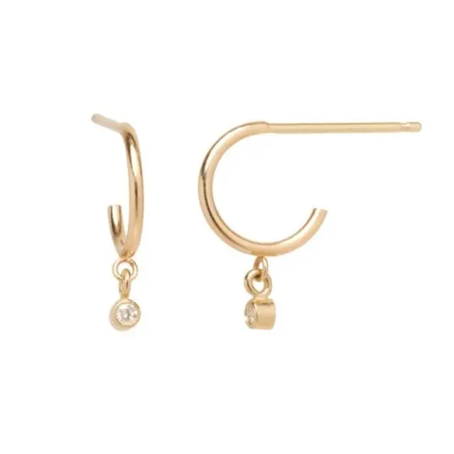 14K Yellow Gold Huggie Hoop Earrings With Dangle Bezel Diamond 1