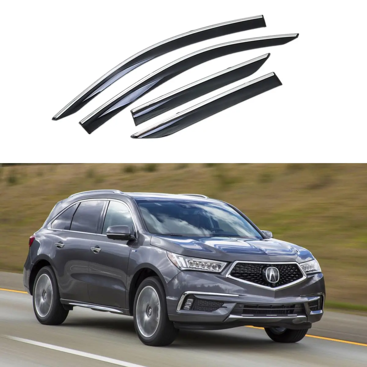 Fit 2014-2021 Acura Mdx Clip-On Chrome Trim Vent Window Visors Rain Sun Wind Guards Shade Deflectors 1