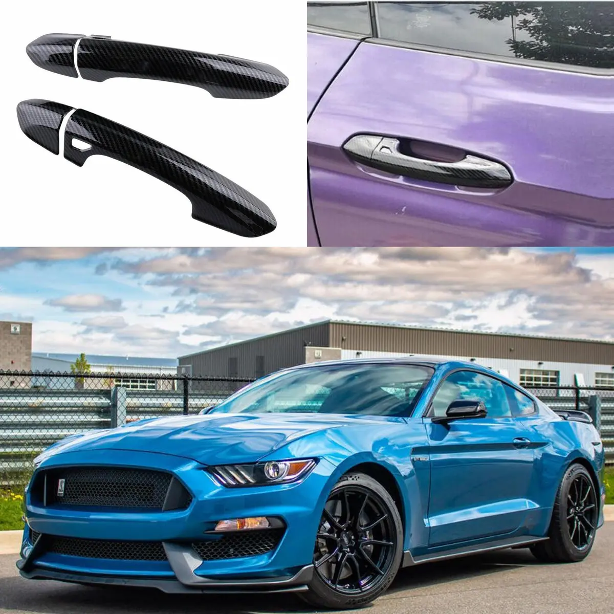 Fit 2015-2022 Ford Mustang Car Side Door Handle Cover Trim (Carbon Fiber Print) 1