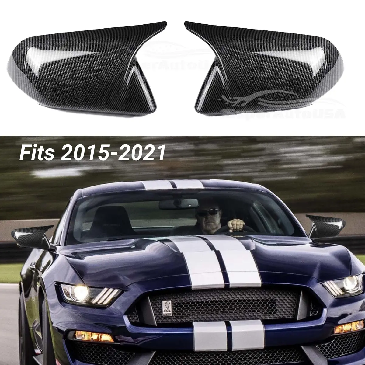 Fit 2015-2021 Ford Mustang Rearview Side Mirror Cover Caps Horn Style (Carbon Fiber Print) 1