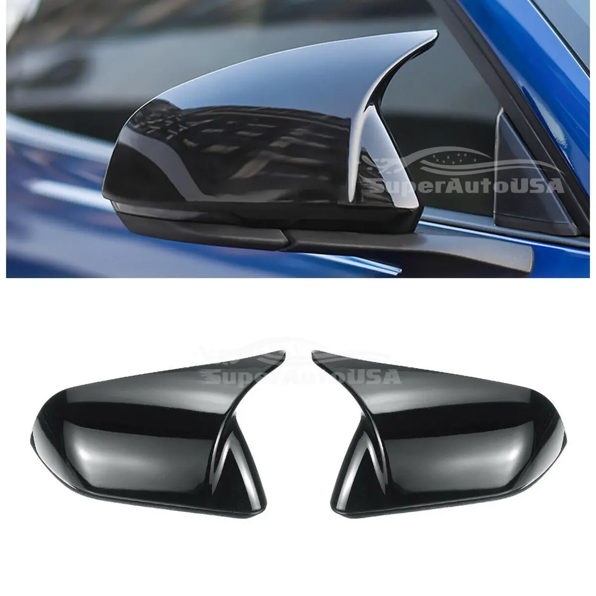 Fit 2015-2021 Ford Mustang Rearview Side Mirror Cover Caps Horn Style (Gloss Black) 1