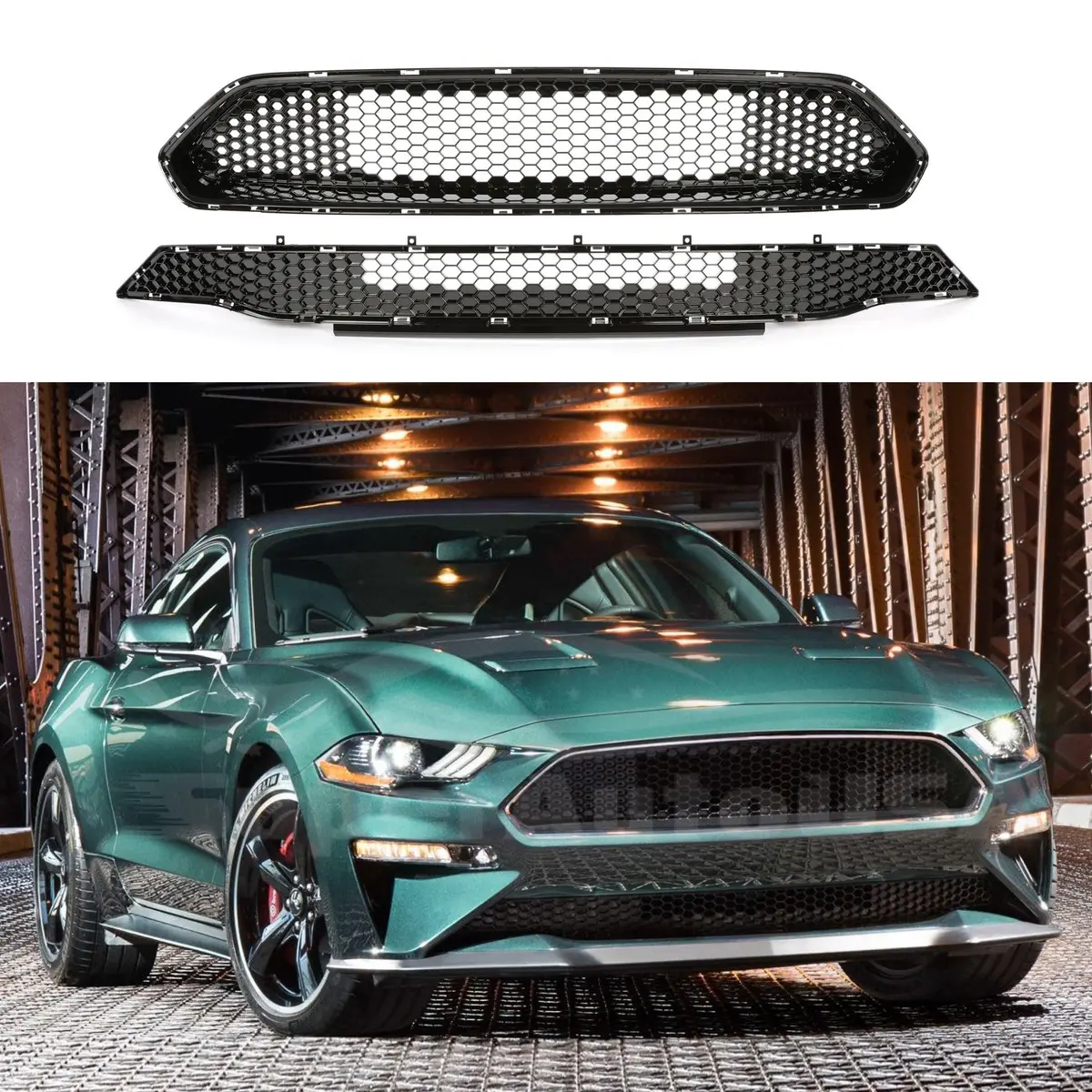 For 2018-2023 Ford Mustang Bullitt Honeycomb Style Front Grille (Gloss Black) 1
