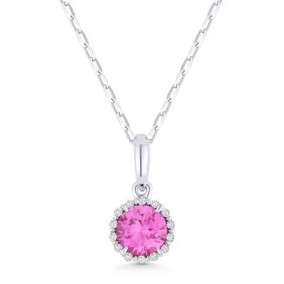 14K White Gold Pink Corundum And Diamond Halo Pendant 1