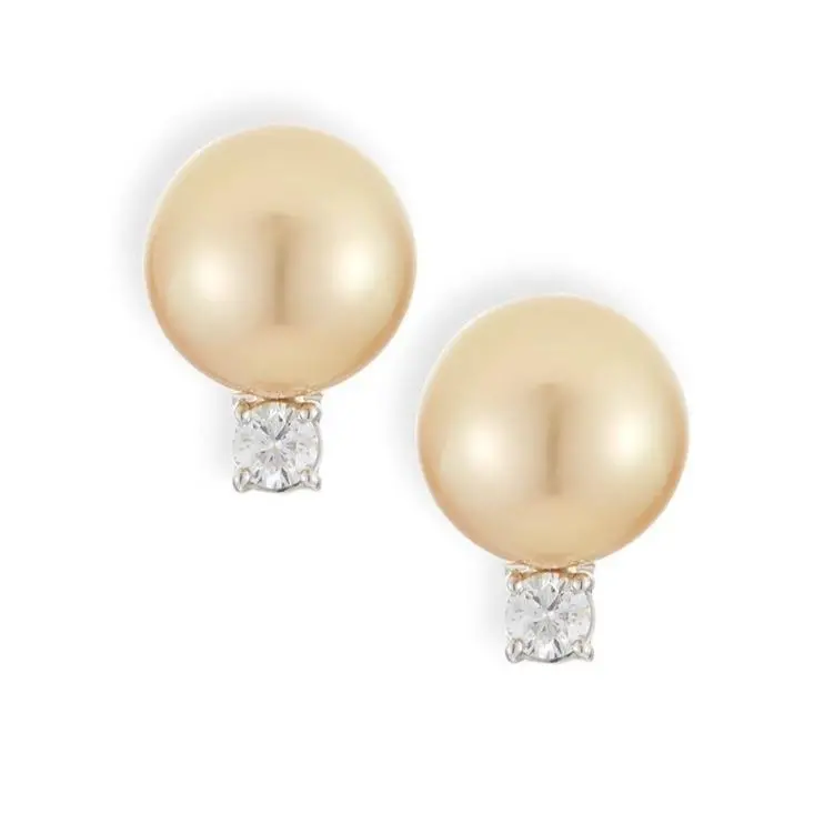 10Mm Southsea Golden Pearl Stud Earrings With .20Ct Total Of Diamonds 1
