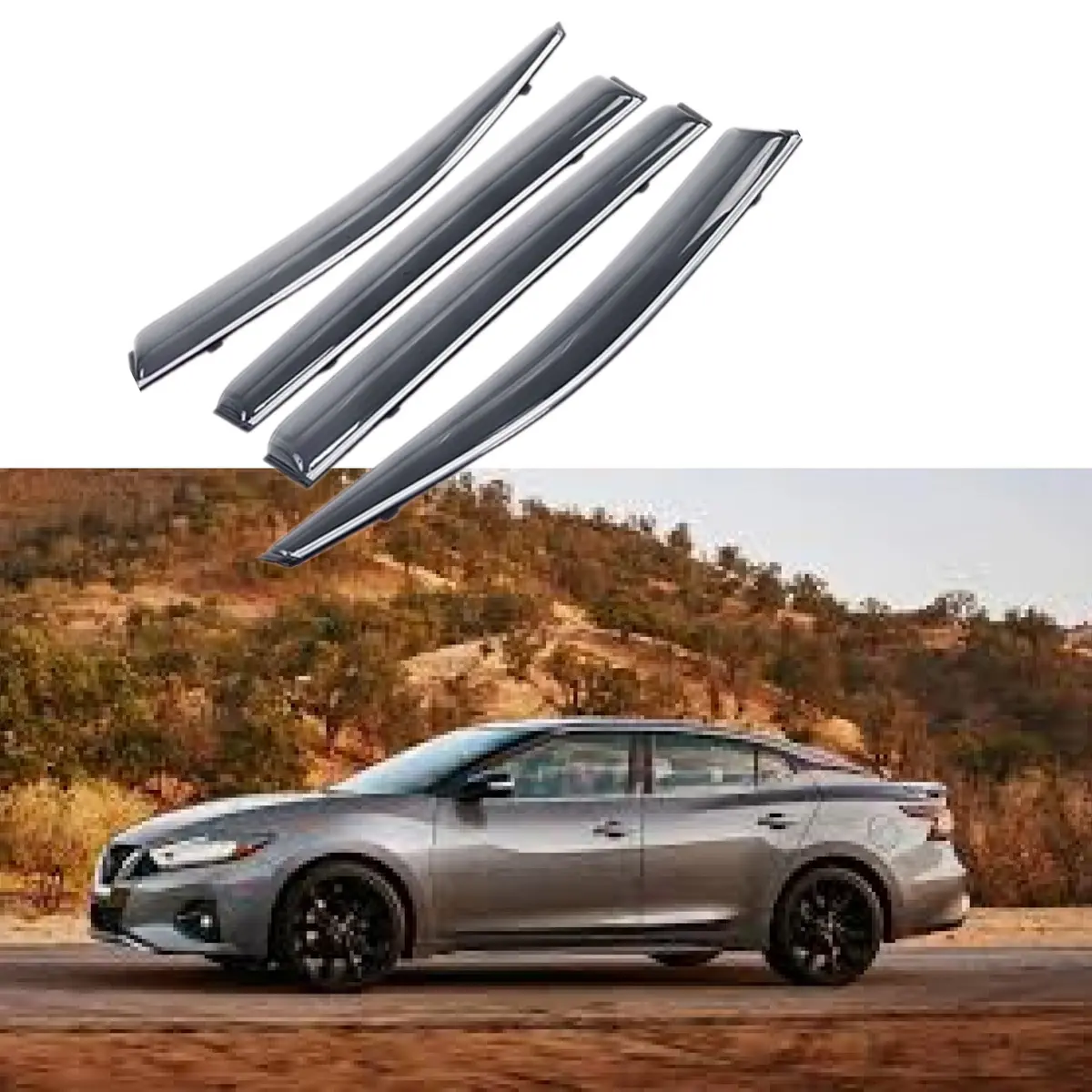 Fit 2016-2023 Nissan Maxima Clip-On Chrome Trim Vent Window Visors Rain Sun Wind Guards Shade Deflectors 1