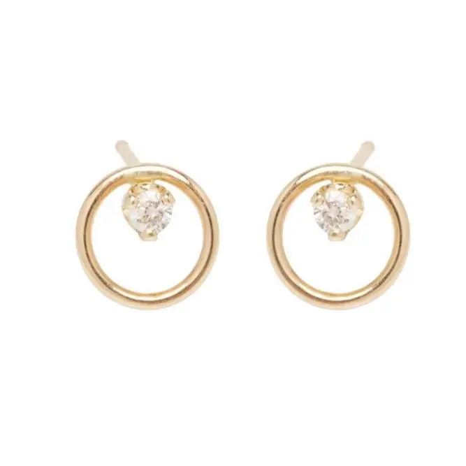 14K Yellow Gold Circle Earring With Prong Set Diamond 1