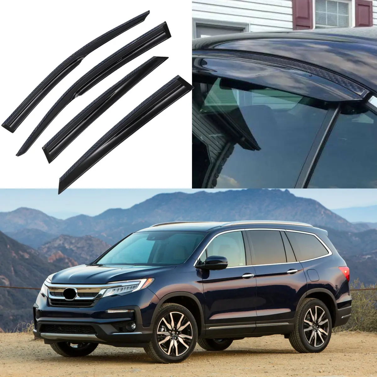 Fit 2016-2022 Honda Pilot Carbon Fiber & 3D Mugen Style Trim Vent Window Visors Rain Sun Wind Guards Shade Deflectors 1
