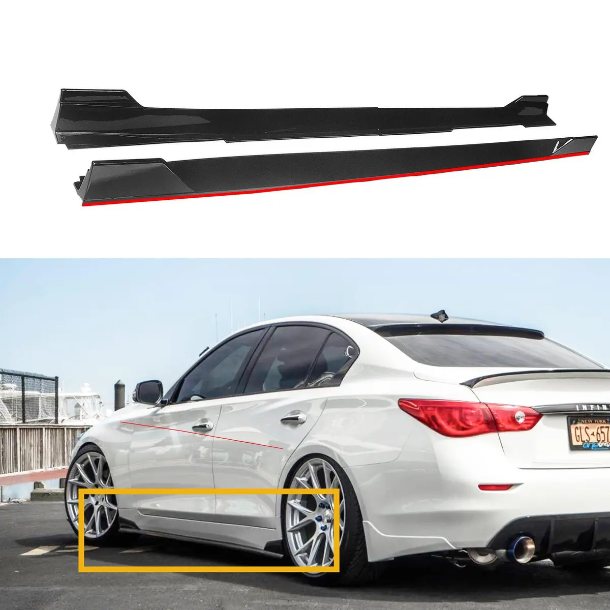 For 2014-2022 Infiniti Q50 St Style Side Skirt Extension Lip (Gloss Black Red Trim) 1