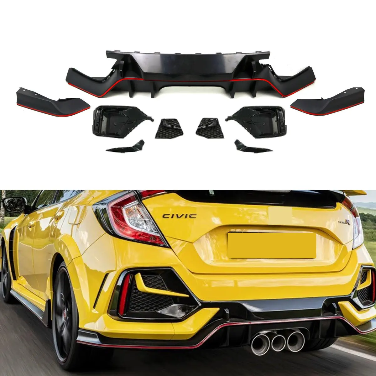 Fits 2017-2021 Honda Civic Hatchback Rear Bumper Garnish Reflectors (Black & Red Trim) 1