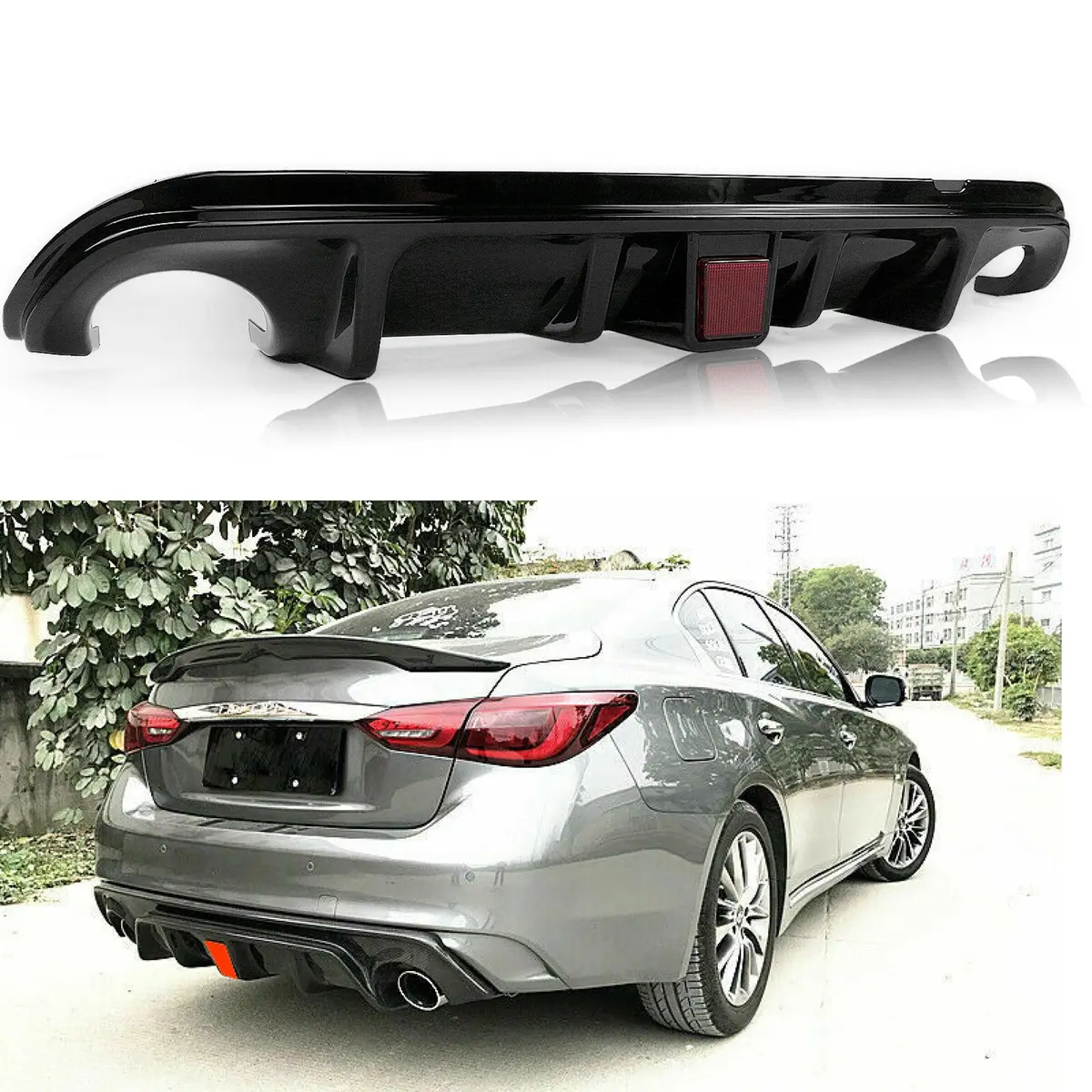 Fits 2014-2017 Infiniti Q50 Rear Spoiler Lower Diffuser With Led Light (Gloss Black) 1