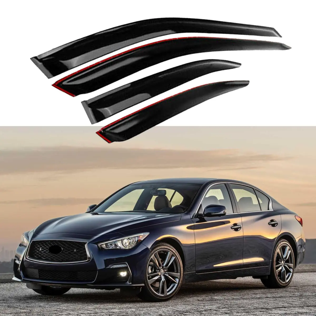 Fit 2018-2021 Infiniti Q50 Out-Channel Vent Window Visors Rain Sun Wind Guards Shade Deflectors 1
