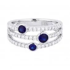 14K White Gold Triple Diamond Band With Bezel Set Sapphires Ring 1