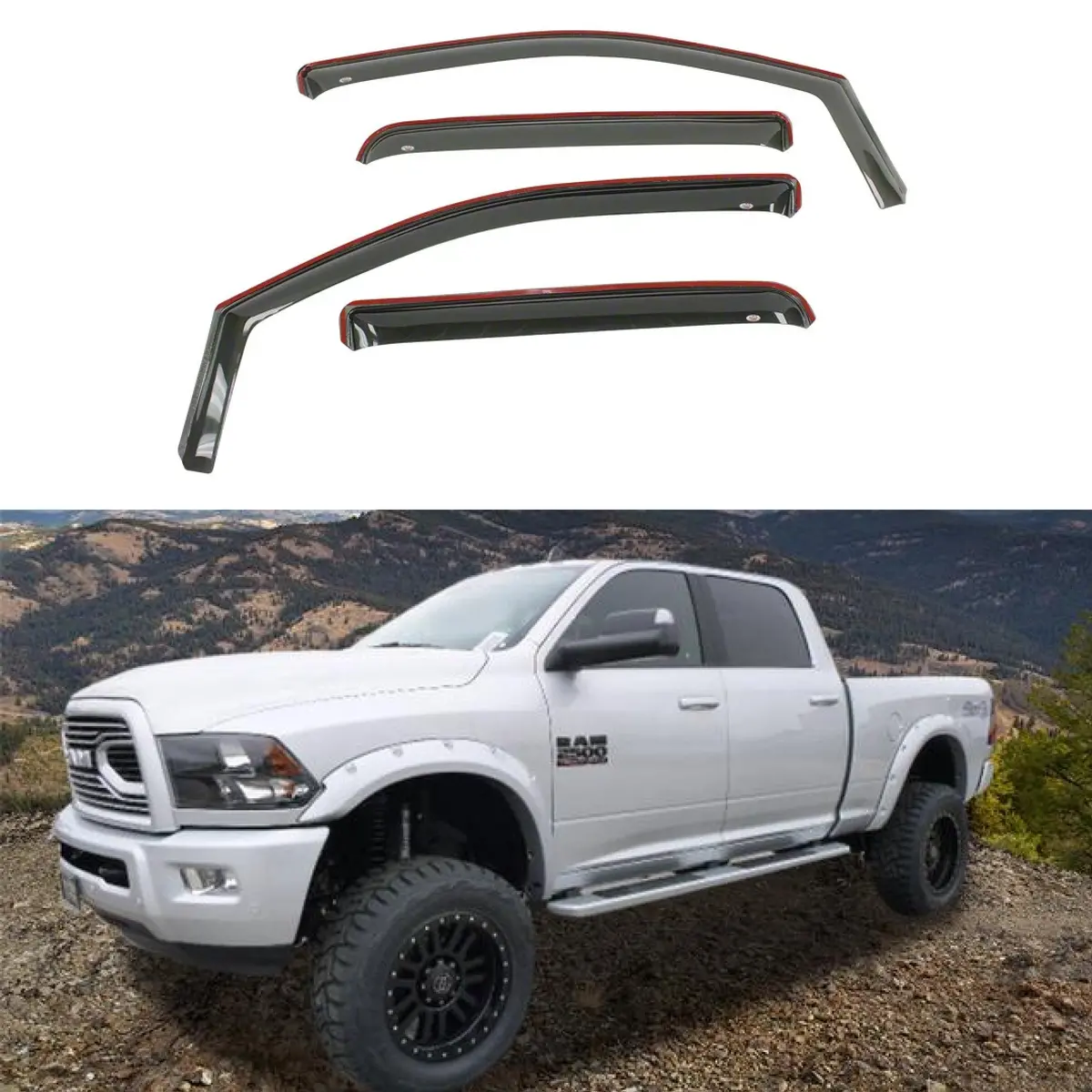 Fit 2009-2018 Ram 1500 2500 Crew Cab In-Channel Vent Window Visors Rain Sun Wind Guards Shade Deflectors 1