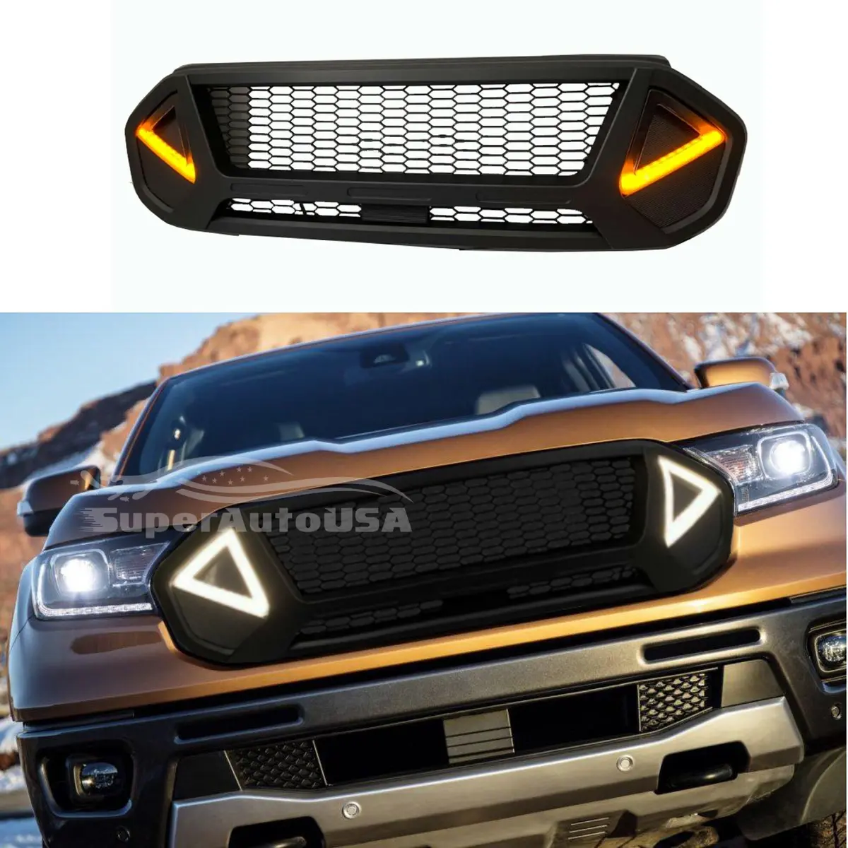Fits 2019-2021 Ford Ranger Monster Style Black Front Grille With Led Lights 1