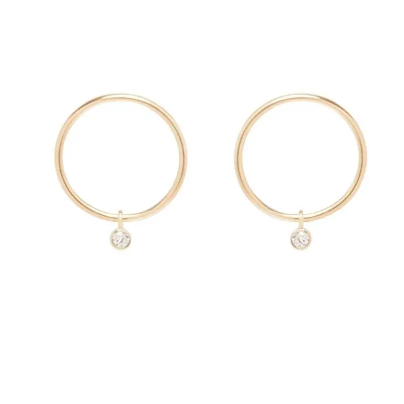 14K Yellow Gold Small Circle With Bezel Set Diamond Earrings 1