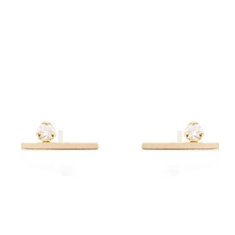 14K Yellow Gold Bar Earrings With One Diamond 1