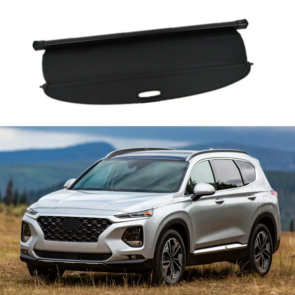 For Hyundai Santa Fe 2019-2021 Luggage Rear Trunk Retractable Tonneau Cargo Cover And Free Net (Black) 1