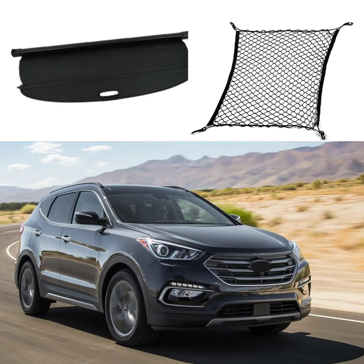 For Hyundai Santa Fe Sport 2017-2018 Luggage Rear Trunk Retractable Tonneau Cargo Cover And Free Net (Black) 1