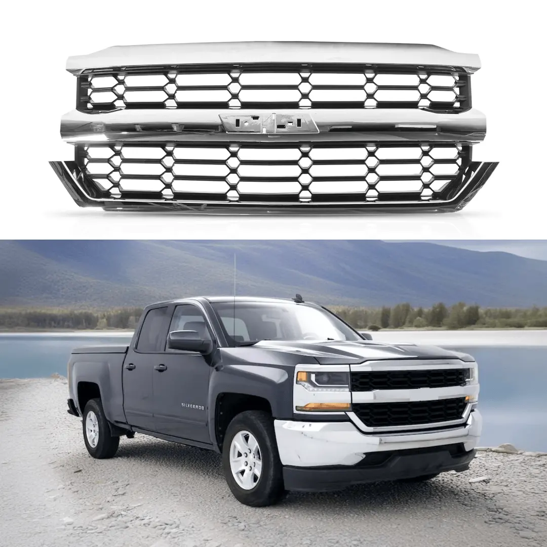 Fits 2016-2019 Chevrolet Silverado 1500 Chrome & Black Front Bumper Grill Mesh Grille 1