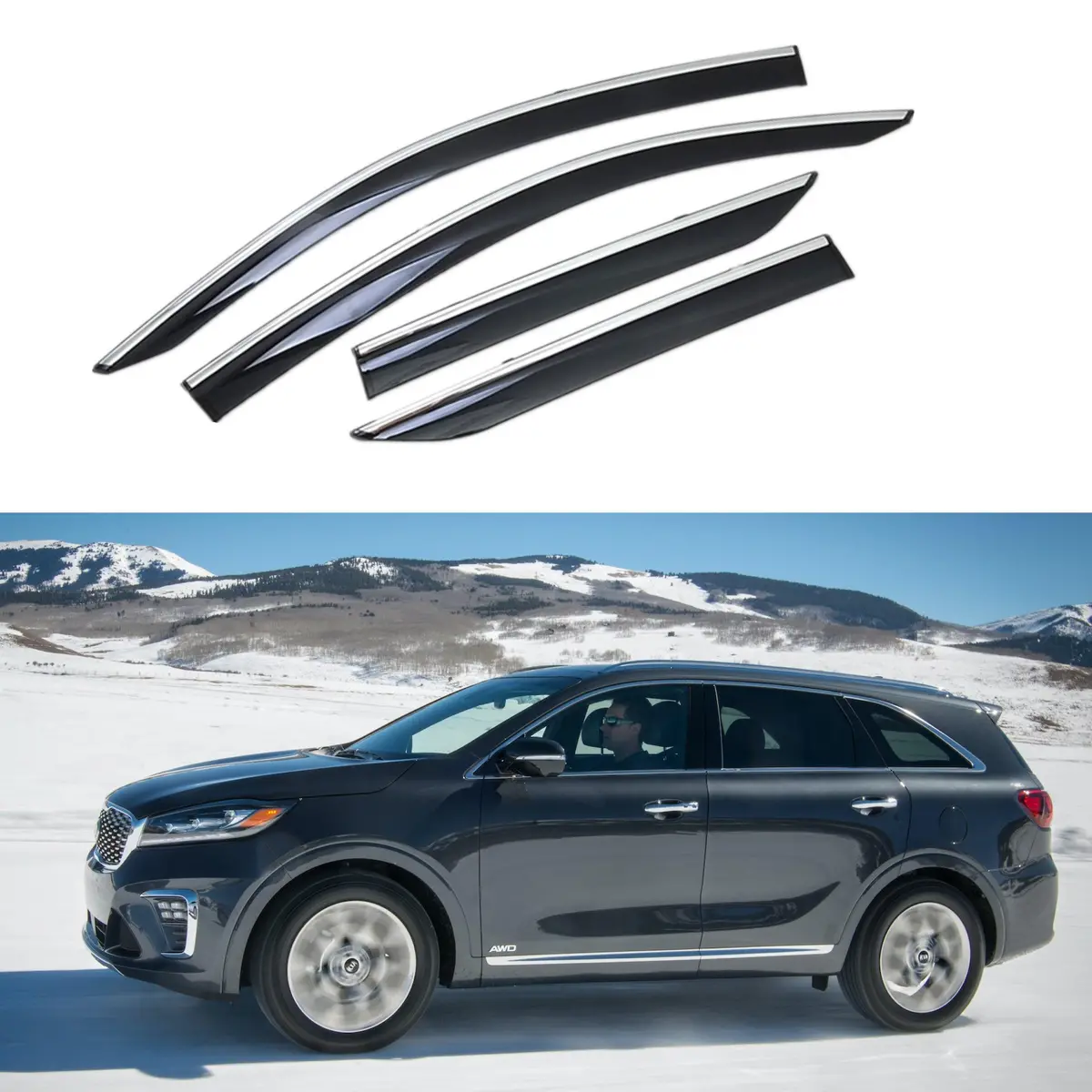 For Sorento 2016-2020 Clip-On Chrome Trim Vent Window Visors Rain Sun Wind Guards Shade Deflectors 1