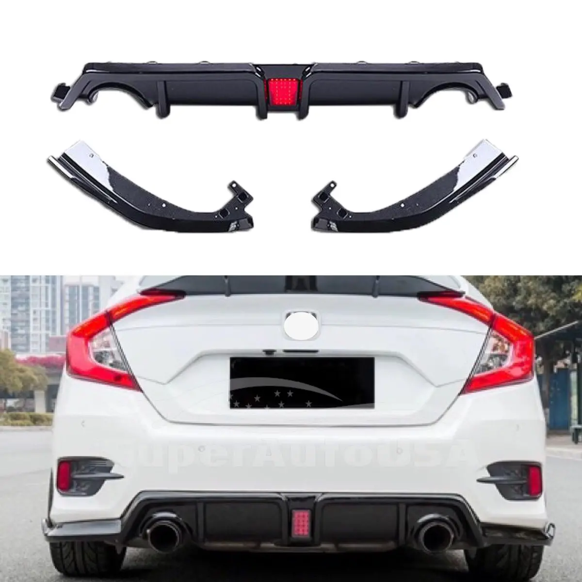 Fits Honda Civic 2016-2021 Carbon Fiber Style Rear Bumper Lip Diffuser Led Light 1