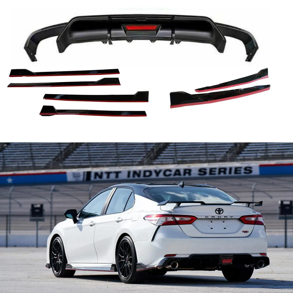 Fit 2018-2024 Toyota Camry Trd Style Rear Diffuser Spoiler Led Light Side Body Skirts Rear Splitters Body Skit 3-In-1 W/Red Trim 1