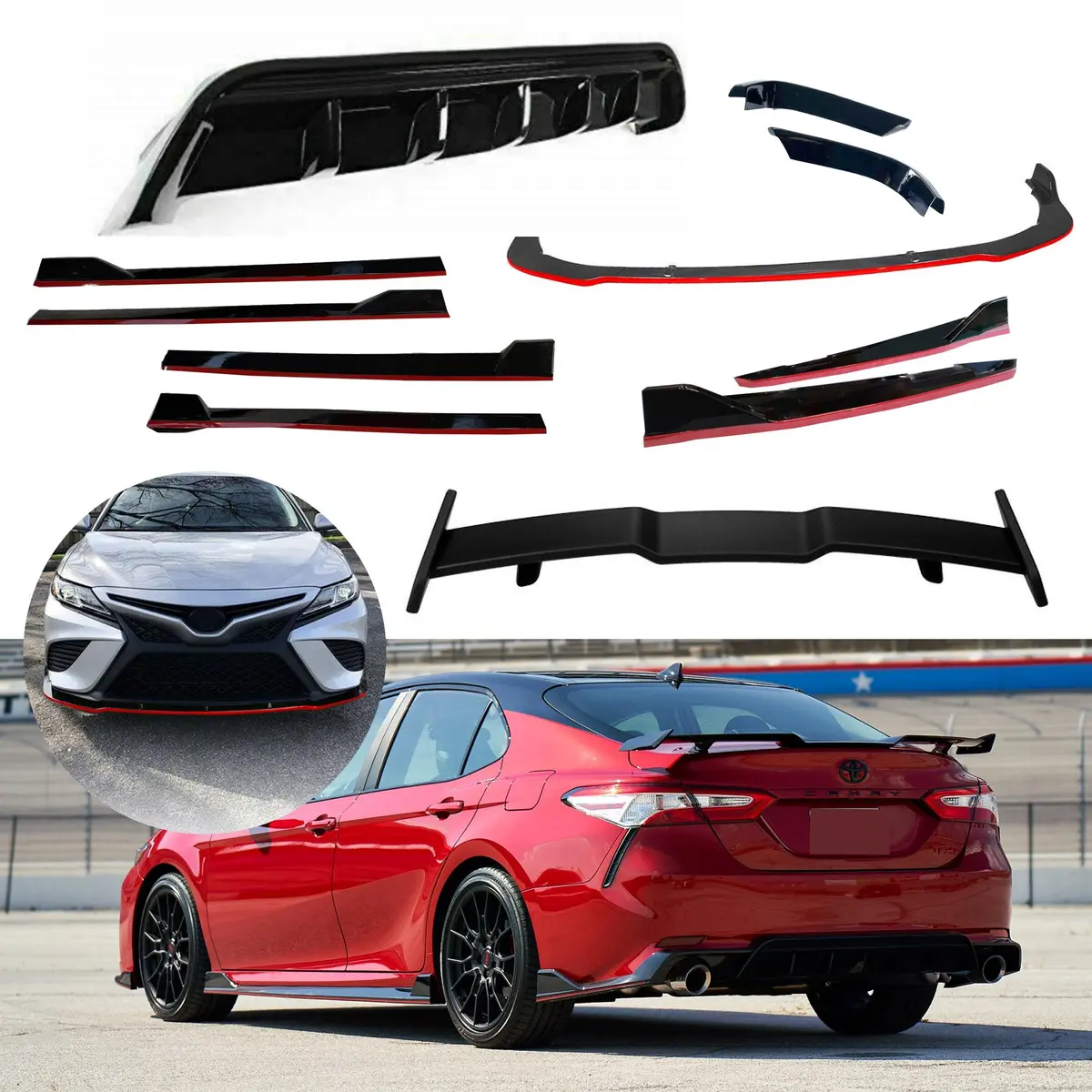 Front Lip/Rear Diffuser/Side Skirts /Rear Spoiler 5-In-1 Set - Trd Style | Fits Toyota Camry (2018-2024) 1