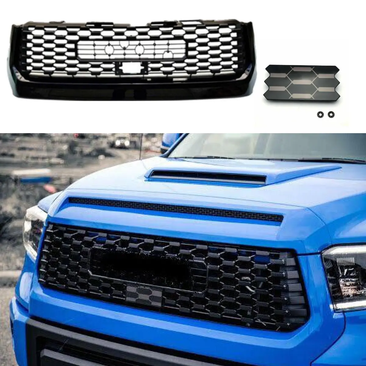 Fits 2014-2021 Toyota Tundra Pro Style Front Grille Bumper Hood Black Grill (Black) 1