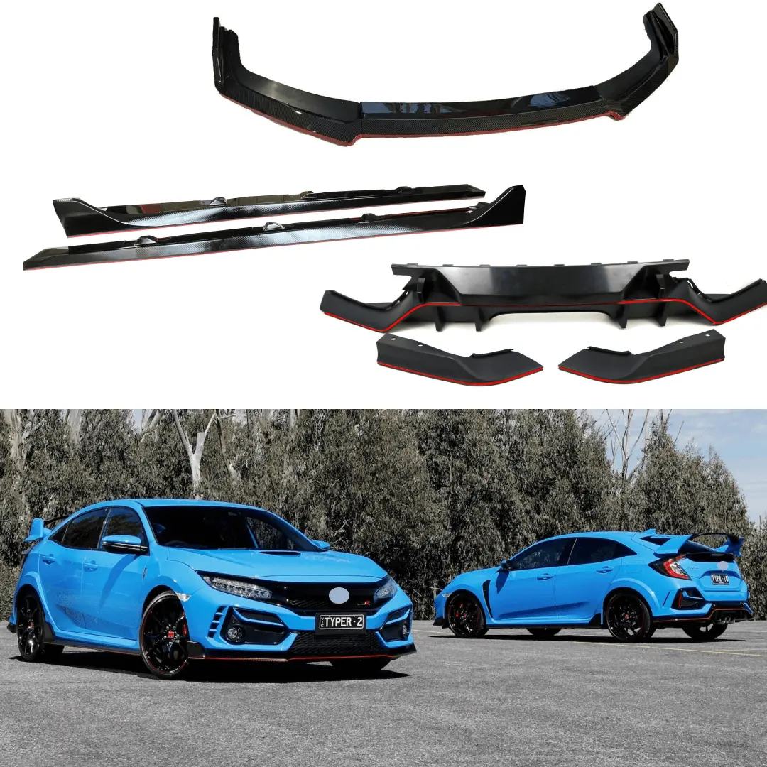 Fit For 2017-2021 Honda Civic Hatchback Type R Style Front Bumper Lip Side Skirt Rear Diffuser Body Kit (Glossy Carbon Fiber Print With Red Trim) 1